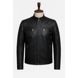 Velzana Hakiki Deri Siyah Erkek Motosiklet Tarzı Fermuarlı Ceket - 4XL