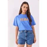 VENA Kadın Logo Baskılı Oversize Tişört %100 Pamuk - Mavi