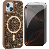 Vendas Apple iPhone 15 Plus Kılıf Pırlanta Tasarımlı M-Safe Şarj Özellikli Zore Mozaik Silikon Kapak + Hayalet Ekran Koruyucu - Desert