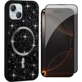 Vendas Apple iPhone 15 Plus Kılıf Pırlanta Tasarımlı M-Safe Şarj Özellikli Zore Mozaik Silikon Kapak + Hayalet Ekran Koruyucu - Siyah