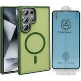 Vendas Galaxy S23 Ultra Kılıf M-safe Şarj Özellikli Mat Arka Yüzey Vendas Sio Kapak + Polymer Nano Ekran Koruyucu - Koyu Yeşil