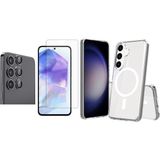 Vendas Galaxy S24 Plus Kılıf M-safe Şarj Özellikli Şeffaf Sert PC Vendas Embos Kapak + Kamera Lens + Nano Ekran Koruyucu