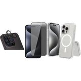 Vendas iPhone 15 Pro Max Kılıf M-safe Şarj Özellikli Şeffaf Sert PC Vendas Embos Kapak + Kamera Lens + Hayalet Ekran Koruyucu
