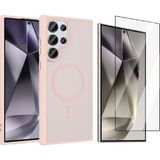 Vendas Samsung Galaxy S24 Ultra Kılıf M-Safe Şarj Özellikli Zore Babet Kapak + Cam Ekran Koruyucu - Pembe