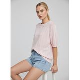 Venezia Giyim Kadın Bisiklet Yaka Örgü Detaylı Kısa Kollu Premium Triko Oversize Kazak// V12464 - Pembe - L - XL