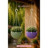 VENİV 2’li 2 Litre Alt Tabaklı Askılı Rattan Saksı Seti | Dekoratif ve Şık Tasarım