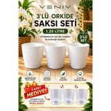Veniv 3’lü Orkide Saksı Seti 1.25 Litre Beyaz Saksı – 3 Adet Şeffaf Iç Saksı Hediye