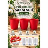 Veniv 3’lü Orkide Saksı Seti 1.25 Litre Kırmızı Saksı – 3 Adet Şeffaf Iç Saksı Hediye