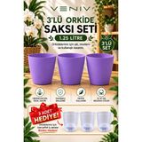 Veniv 3’lü Orkide Saksı Seti 1.25 Litre Lila Saksı – 3 Adet Şeffaf Iç Saksı Hediye