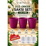Veniv 3’lü Orkide Saksı Seti 1.25 Litre Mor Saksı – 3 Adet Şeffaf Iç Saksı Hediye