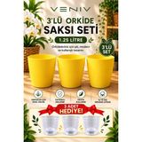 Veniv 3’lü Orkide Saksı Seti 1.25 Litre Sarı Saksı – 3 Adet Şeffaf Iç Saksı Hediye