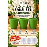 Veniv 3’lü Orkide Saksı Seti 1.25 Litre Yeşil Saksı – 3 Adet Şeffaf Iç Saksı Hediye