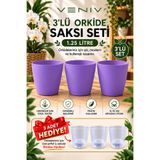 VENİV 3’lü Orkide Saksı Seti - Lila Saksı – 3 Adet Şeffaf İç Saksı Hediye