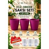 VENİV 3’lü Orkide Saksı Seti - Mor Saksı – 3 Adet Şeffaf İç Saksı Hediye