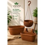 VENİV Antik Saksı Seti-2 Litre Rattan Askılı - 6.4 Litre Balkon Saksı-5 Litre Ahşap Görünümlü Saksı