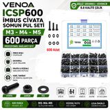 VENOA ICSP600 İmbus Civata Somun Pul Seti M3 M4 M5 Çantalı 600 Parça 8.8 Kalite Alyan Başlı Vida Seti
