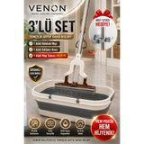 VENON 3 Parça Set >> Katlanabilir Ve Tekerlekli Kovalı Mop Seti > Katlanır Kova + Kendinden Sıkmalı Kelebek Mop + Mop Tutucu Sünger Mop Temizlik Seti Kelebek Mop 120 Cm Uzun Saplı Temizlik Mopu