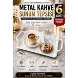 VENON 6 ADET || Beyaz ALARA Metal Tepsi Kulplu || Kahve Sunum Tepsisi Türk Kahve Tepsisi Çay Servis Tepsisi Sunumluk Misafir İkram Tepsisi EL İZİ YAPMAZ || EL KESMEZ || Servis Tepsisi METAL TEPSİ KULPLU