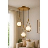 VENON Damla 3lü Kent 3lü Eskitme Beyaz Glop Camlı Sarkıt Modern Avize Salon Avizesi