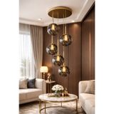 VENON Feris 5.li Yuvarlak Tepsili Eskitme Gövde || Füme Glop Camlı || Sarkıt Avize Camlı Avize Modelleri Tavan Montajlı Avize Modelleri Salon Avizesi Ayarlanabilir Kablo Modern Salon Tavan Lambası