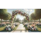 Venspor Bahçe Düğünleri Için Çiçek ve Yeşilliklerle Bezenmiş Kemerli Fon - Pembe ve Beyaz Renklerde Zarif Tasarım, 200X150CM Arkaplan, Duvar Örtüsü - 200 x 150