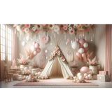 Venspor Çiçekli Çadır ve Balonlarla Süslenmiş Pastel Parti Temalı Arkaplan 200 x 150 cm Fon Duvar Örtüsü