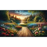 Venspor Gün Batımı Göl Manzaralı Çiçek Bahçesi Temalı Renkli ve Huzur Verici Dekoratif Arkaplan 200 x 150 cm Fon Duvar Örtüsü