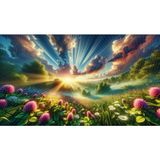 Venspor Gün Doğumu Çiçek Bahçesi Temalı Renkli ve Huzur Verici Dekoratif Arkaplan 200 x 150 cm Fon Duvar Örtüsü