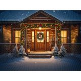 Venspor Kış Evi Temalı Yılbaşı Stüdyo Fonu 200 x 150 cm Ahşap Kapı ve Çelenk Arka Plan