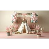 Venspor Pastel Balonlar ve Çiçeklerle Süslenmiş Çadır Temalı Parti Arkaplanı 200 x 150 cm Fon Duvar Örtüsü