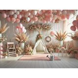 Venspor Pembe Balon Temalı Çiçeklerle Süslenmiş Dekoratif Stüdyo Fonu, 200X150CM Arka Plan