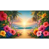 Venspor Tropikal Gün Batımı ve Hibiskus Çiçekleri ile Süslenmiş Plaj Arka Planı 200 x 150 cm Fon Duvar Örtüsü