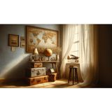 Venspor Vintage Seyahat ve Keşif Dünya Haritası ve Bavullar Temalı Arkaplan 200 x 150 cm Fon Duvar Örtüsü