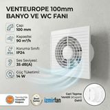 VentEurope Refined 100 Bd 10 cm Kapaklı Banyo Wc Aspiratör Havalandırma Fanı Sessiz Modern Tasarım
