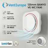 VentEurope Round 125 Bd – 12,5’luk Sessiz Yuvarlak Banyo Aspiratörü – Kapaklı ( Klapeli ) Damperli Havalandırma Fanı