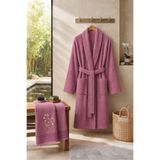 VENTİ VENTİSCA Cherri %100 Bambu Unisex Şal Yaka Yetişkin Bornoz - Nakışlı Saç Havlu Set / Çeyiz Seti