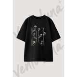 Vento Luna BTS Cicek Tasarım Baskılı Unisex Oversize Kalıp Siyah Tshirt