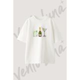 Vento Luna Mojito Champagne Martini Tasarım Baskılı Unisex Oversize Kalıp Beyaz Tshirt
