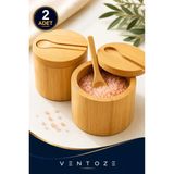 Ventoze 2'li Ahşap Kaşıklı Baharatlık – Bambu Kapaklı Minimal Tuz Şeker Kahve Saklama Kabı - 50 ml