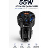 Ventoze 55W Hızlı Araç Şarj Cihazı Çakmaklık Girişli Pd 20W Type-C Qc 3.0 Üçlü Şarj Aleti - 55 W