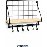 Ventoze Metal Askılıklı Kahve Köşesi Rafı - Ahşap Mutfak Duvar Rafı 6 Kancalı Fincan Askılığı Düzenleyici - 32 x 13 x 20 cm