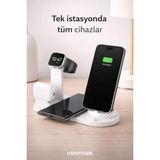 Ventoze Universal Kablosuz Şarj Standı | Şarj Girişli, Saat ve Kulaklık Bölmeli Masaüstü Düzenleyici (Beyaz)