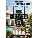 Ventus İcsee 9002 9Mp 3 Lens Wifi Güvenlik Kamerası, Motorlu Gece Görüşlü Dış Mekan Kamera, 32Gb Kart Ve Adaptör