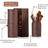 Venura Beauty 18’li Makyaj Fırçası Seti ve Suni Deri Taşıma Kutusu - Çift Bölmeli, Çıtçıtlı, Profesyonel Makyaj Fırçası Organizeri - Kahverengi