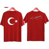 Venüs Dijital Ay Yıldız ve Atatürk Imza Ön Arka Baskılı Kırmızı Tişört - XL