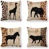 Venus*L 4'lü Set, Afrika Hayvanları, Zürafa, Fil, At, Zebra Desenli ve Leopar Desenli Leopar Desenli Dekoratif Kırlent Kılıfları, Tek Taraflı Baskılı, Pamuklu Keten, 18x18 İnç (45x45 cm)