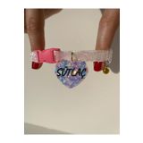 VenüsTakı "kalp" Şeklinde Beyaz Tasma - Zilli - Lilac Dream Glitter - Isimli Kedi/ Küçük Irk Köpek Tasması
