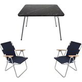 Vera Concept Store 60X80 Granit Katlanır Masa + 2 Adet Katlanır Sandalye Kamp Seti Bahçe Balkon Takımı Lacivert