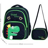 Vera Concept Store Lisanslı Lacivert Kapitone Dinazor Desenli Ilkokul Sırt ve Beslenme Çantası, 29X38X20 cm