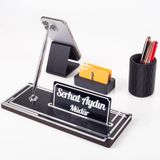 Vera Kalemlikli Gümüş Ahşap Masa İsimliği Seti Çizgi Desenli Hediye Ofis Dekoratif Masa üstü İsimlik